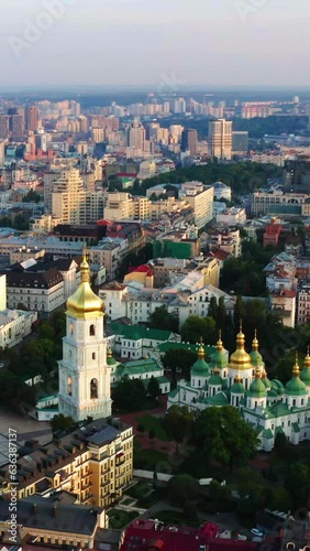 Kiev Lavra. Church on the Background of Kiev. aerial drone shot in kiev ukraine kiev pechersk lavra or the kiev monastery. Aerial vertical, vertical video background. photo