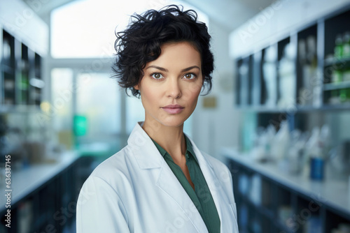 A female scientist portrait: A woman dressed in a lab coat, works in her Lab. She embodies innovation and academic professionalism. Bright abstract lab Background.