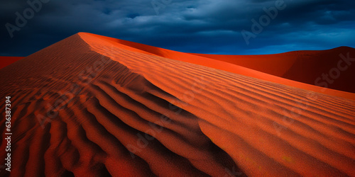 Intriguing view of a crimson desert with captivating undulating dunes under a dramatic sky. Striking red and blue contrasts evoke breathtaking natural beauty.