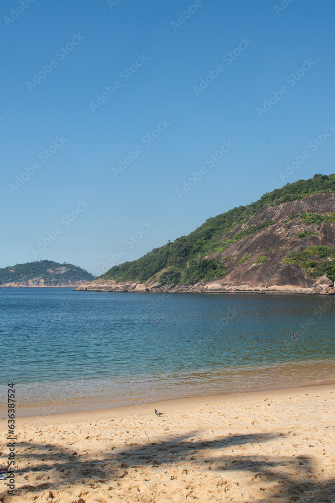 Rio de Janeiro, Brazil: palm trees shadow on Praia Vermelha beach (Red Beach), the beach at the foot of the Sugar Loaf (Pao de Acucar) in the wealthy residential neighborhood of Urca