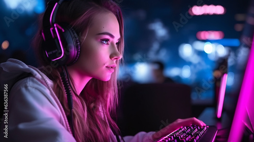 Professional gamer girl with headset play online multiplayer video game on PC photo