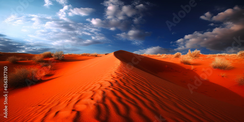 Dramatic interplay of red sand dunes under a captivating deep-blue sky  vivid  faceless  splendid depiction of nature s grandeur. Ideal for marketing enchantment.