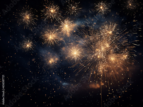 fireworks in the night sky. Colorful fireworks with bokeh effect on black sky background. © Nadezhda