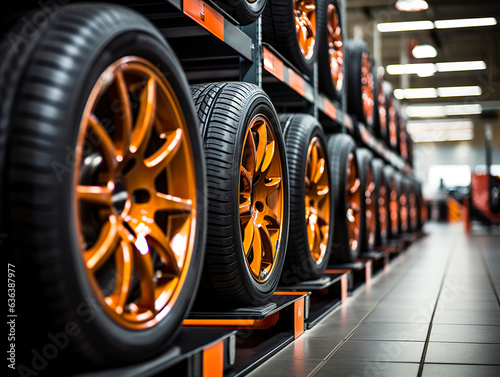 Assorted tires at auto repair shops, vehicle spare components, rotating tires based on seasons, automobile upkeep, and servicing facilities. Tools for fixing and replacing tires.