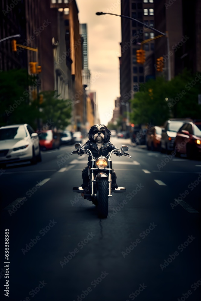 A Shih Tzu dog riding a motorcycle on a New York City street