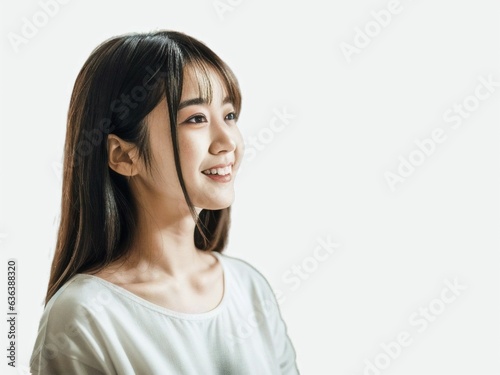 A beautiful Japanese/Asian girl wearing a white pajamas as she looks at the profile view off the camera, her warm smile radiating joy and positivity. In a room. generative AI.