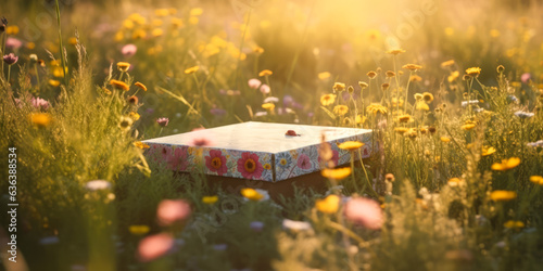 Enchanting picture of a pizza box nestled in stunning flower field, basking in warm sunlight, offers romantic, whimsical take on pizza delivery inducing joy and memories. photo