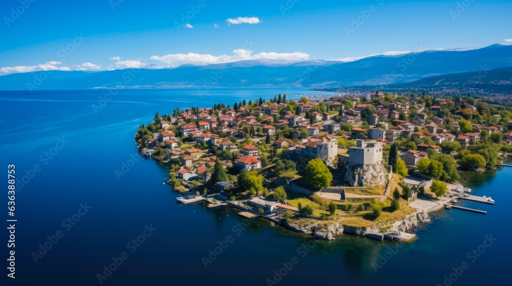 Discover the Beauty of Ohrid in North Macedonia: Aerial View of Samuels Fortress and Old Town over the Scenic Lake - 16:9 ratio: Generative AI
