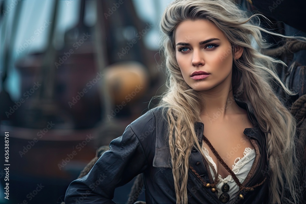 Fierce Female Pirate Captain Awaits Her Ship. Gothic Beauty in Pirate Fashion for Halloween Costume. Long Hair, Ready to Sail: Generative AI