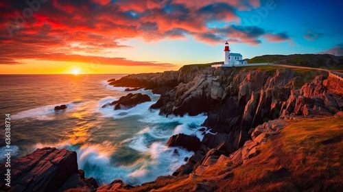 Captivating Sunrise at Cape Spear National Historic Site, St Johns Newfoundland. White Lighthouse Beacon on Rocky Cliff by Coastal Blue Waters. Generative AI photo