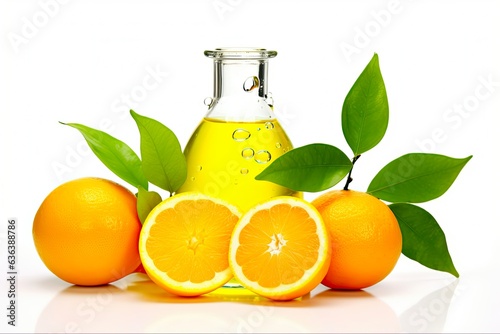 Limonene Structure with Fresh Citrus Fruit and Essential Oil Bottle for Aromatherapy, Beauty and Spa Products. Major Component in Citrus Peel Oil: Generative AI