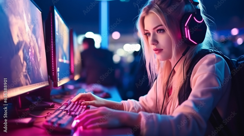 Professional gamer blond girl with headset play online multiplayer video game on PC - obrazy, fototapety, plakaty 