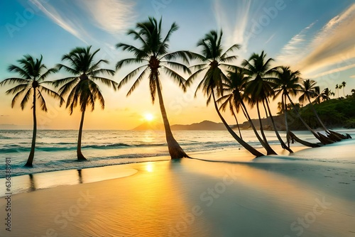 sunset over the beach with Palm trees. © sarmad