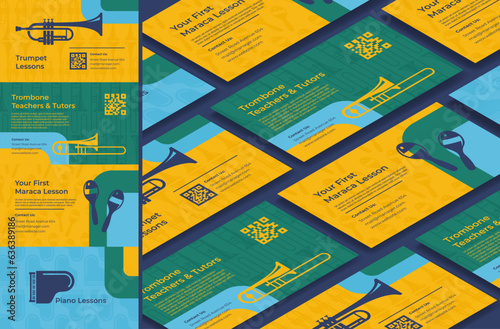 Musical instrument lessons promo business card isometric seamless pattern banner vector illustration