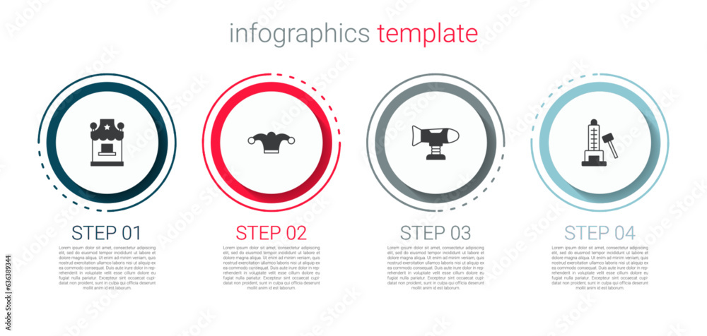 Set Ticket box office, Jester hat with bells, Swing plane and Striker attraction hammer. Business infographic template. Vector Set Ticket box office, Jester hat with bells, Swing plane and Striker attraction hammer. Business infographic template. Vector
