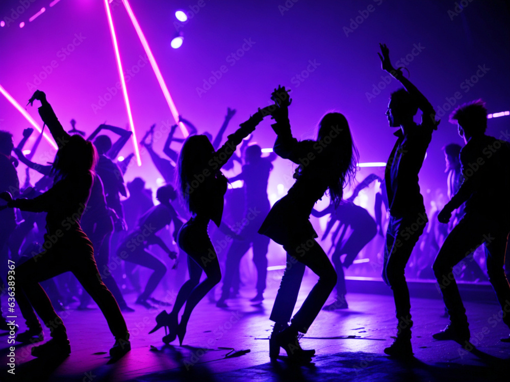 Silhouettes of people dancing in a club with neon lights photo background image