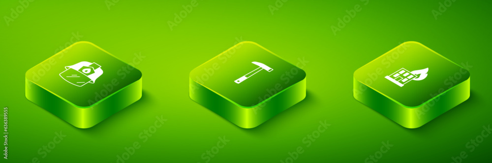 Set Isometric Firefighter axe, in burning building and helmet icon. Vector Set Isometric Firefighter axe, in burning building and helmet icon. Vector