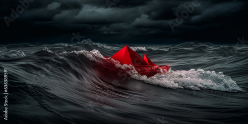 Dramatic representation of resilient red paper boat amid tumultuous dark waves, inspiring audacity and captivating imagination.