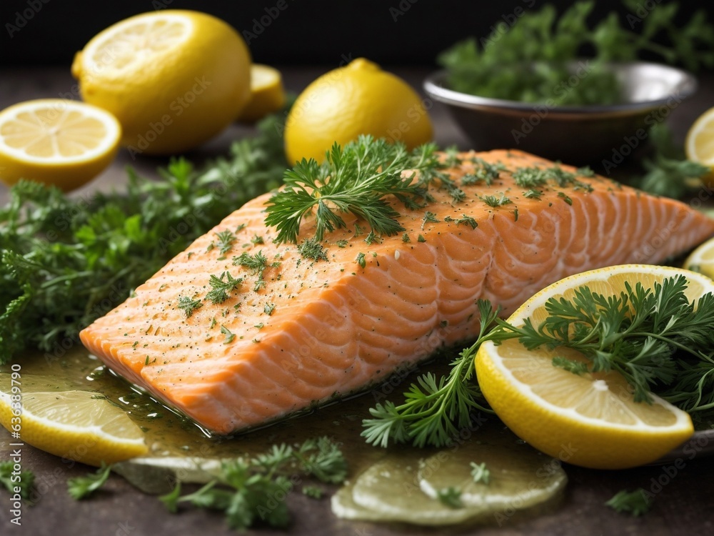 grilled salmon steak with parsley and lemons grilled salmon steak with parsley and lemons