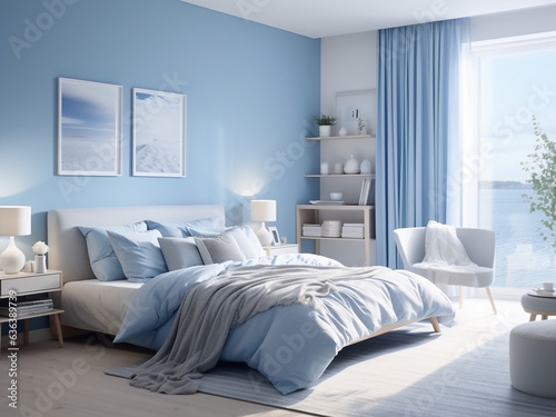 Blue bedroom interior adorned with chic furniture pieces. AI Generated.