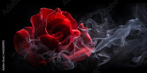 Enchanted red rose surrounded by mystic smoke, suggesting passion and mystery with ideal lighting for aesthetic campaigns.