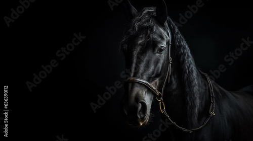 A majestic beautiful black stallion, black background