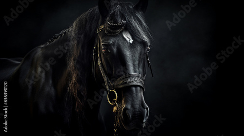 A majestic beautiful black stallion, black background