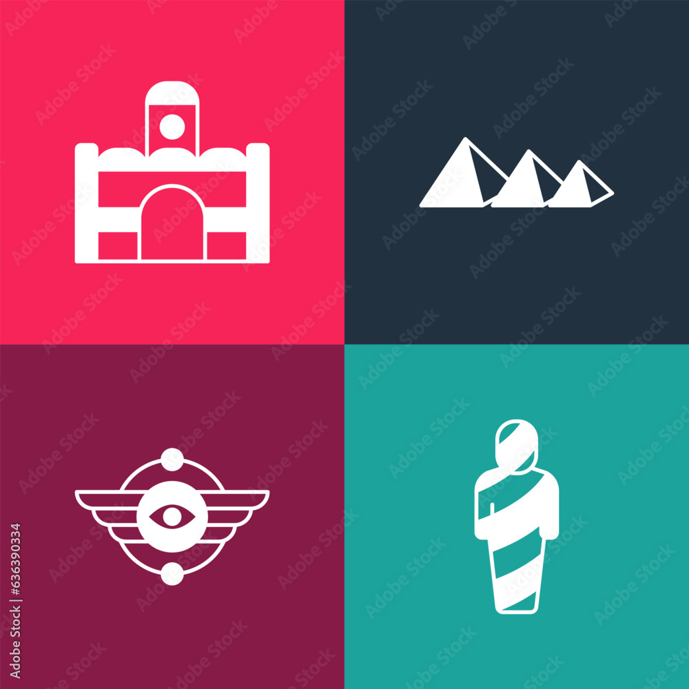 Set pop art Egypt mummy, Egyptian symbol Winged sun, pyramids and house icon. Vector