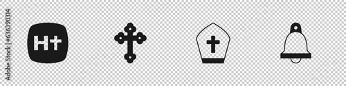 Set Christian cross, Pope hat and Church bell icon. Vector