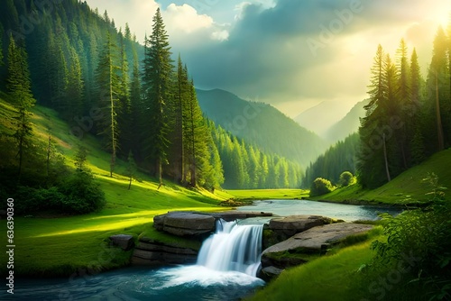 most beautiful green lush forest and water falling in the middle of forest