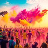 Holi festival of colors on background of beautiful sunrise party effect image