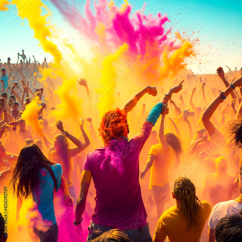 Holi festival of colors on background of beautiful sunrise party effect image