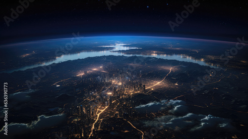 A far-view illustration of an Earth city seen from space