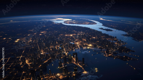 A nighttime view of a city skyline seen from space with a large body of water in the foreground.