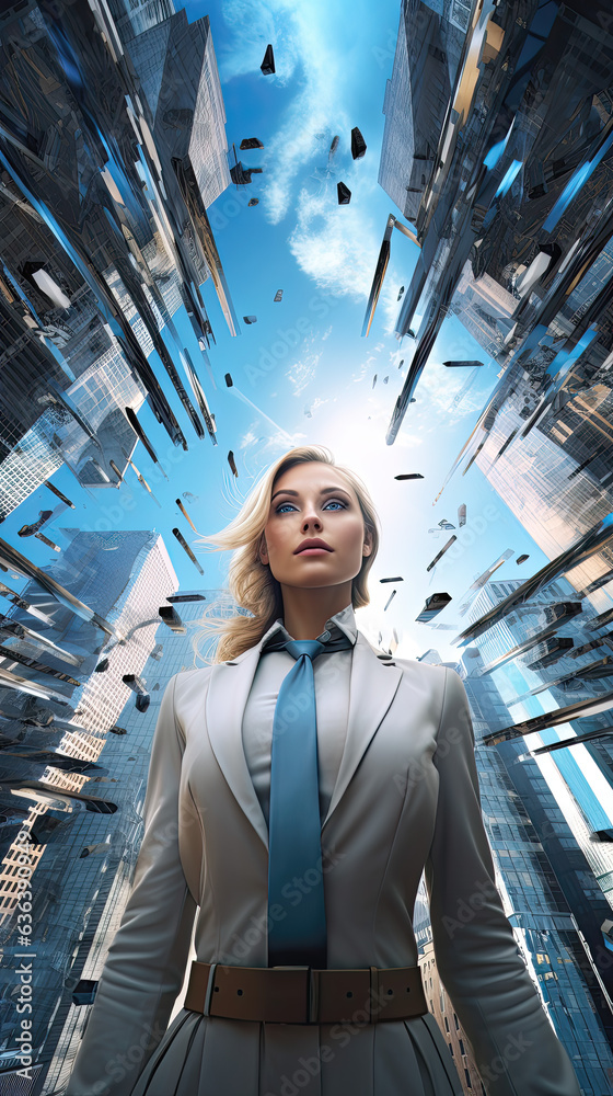 A confident young lady from the future walking the modern city A confident young lady from the future walking the modern city