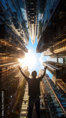 Man looking at the skyscraper buildings in the cosmopolitan city