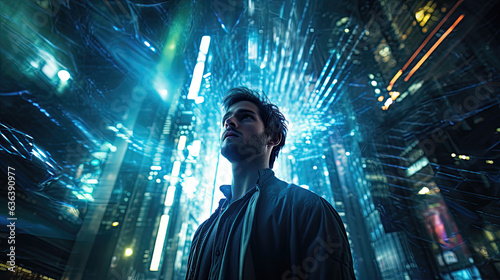 A young man watches the city skyline lights in the night
