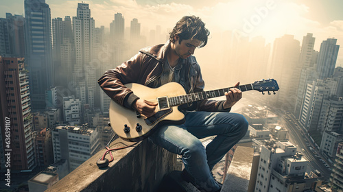 Rockstar guitarist plays guitar in the city landscape.