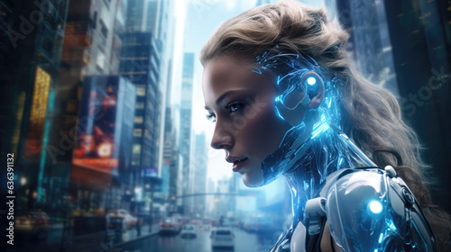 Futuristic superhero cyberpunk young woman and a city landscape