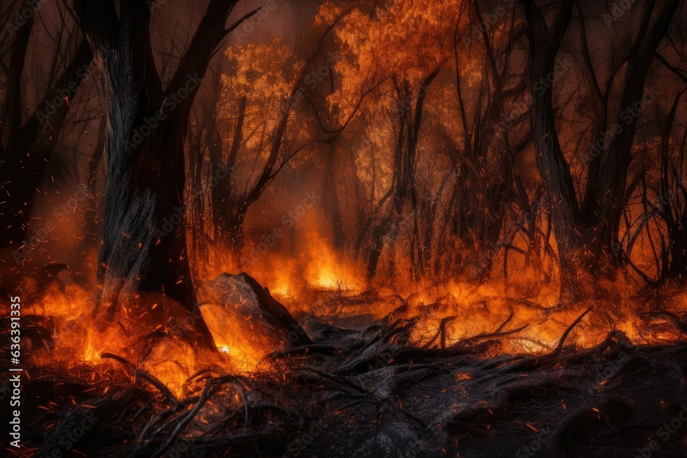 Wildfire consumes enchanted forest. Beauty and destruction intertwined., generative IA