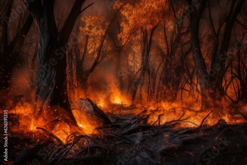 Wildfire consumes enchanted forest. Beauty and destruction intertwined., generative IA