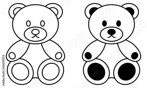 Simple vector black and white illustration of teddy bear, toy icon for design isolated on white background
