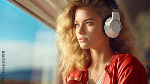 Beautiful woman with headphones during travel at summer time