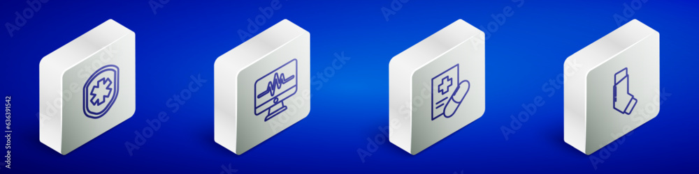 Set Isometric line Medical shield with cross, Monitor cardiogram, prescription and Inhaler icon. Vector Set Isometric line Medical shield with cross, Monitor cardiogram, prescription and Inhaler icon. Vector