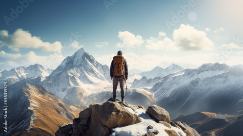 The landscape of a adventure man on the top of a snowy mountain in the winter
