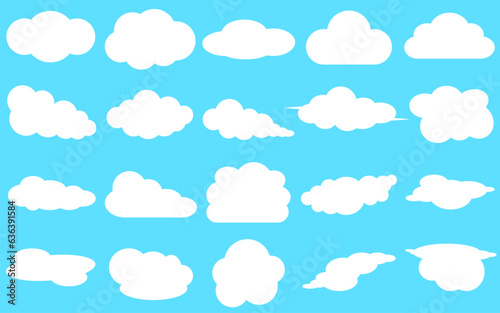 Clouds collection on blue background. Set of clouds in different shape isolated on blue background. Cloud vector illustration.