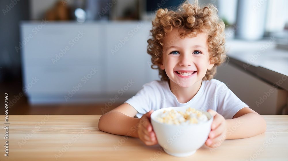 a cute little white american kid child boy eating cornflakes porridge for breakfast with his hands a cute little white american kid child boy eating cornflakes porridge for breakfast with his hands