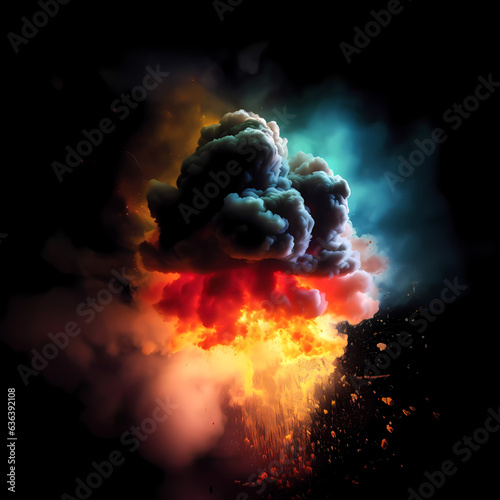 Explosion, smoke, colorful lighting, black background. Generative AI technology.