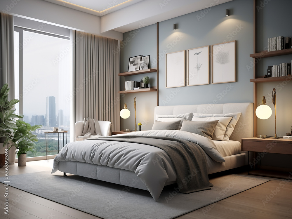 Well-lit modern bedroom interior with comfort in mind. AI Generated.