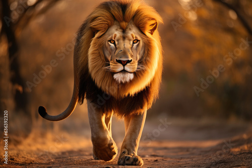 Male lion walking on the grass facing camera